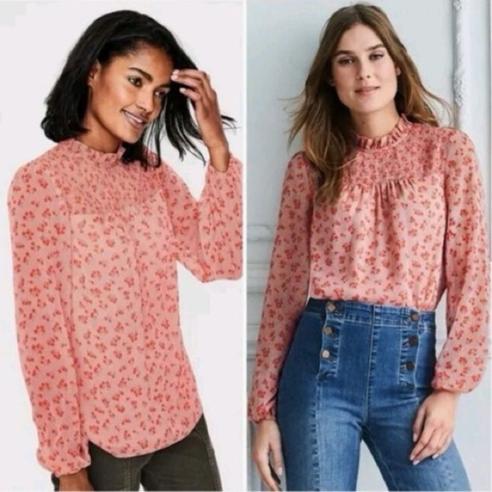 Boden Janie Long Sleeve Mock Neck Pink Ditsy Floral Blouse Size 16 - Picture 12 of 13